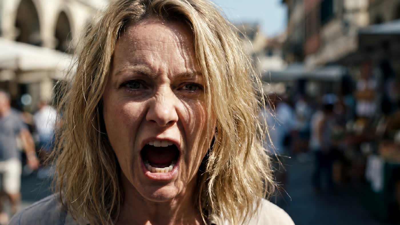 Frau schreit in die Kamera und geht im Markt trotzdem unter